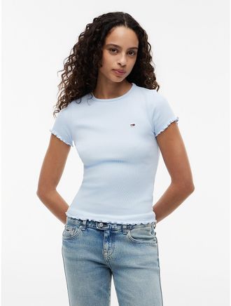 Tommy Hilfiger Womens Tommy Jeans Lettuce-Trim T-Shirt - Blue - XS