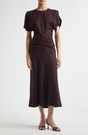 Victoria Beckham Bela Ruched Wool Midi Dress in Acai at Nordstrom, Size 10