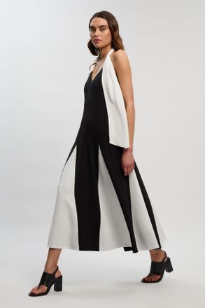 Karen Millen Womens Soft Tailored Colour Block Detail Halter Neck Maxi Dress - Monochrome Multi - Size 16 UK
