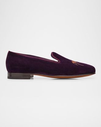 Ralph Lauren Purple Label Mens Alonzo Embroidered Velvet Slippers