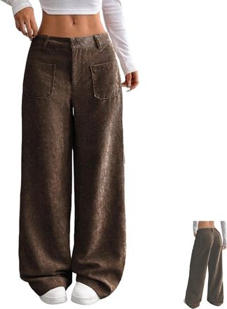 Generic Corduroy Pants Women Baggy Tall Cord Wide Leg Trousers, Corduroy Straight Leg Lounge Pants with Pockets (Brown,XL)