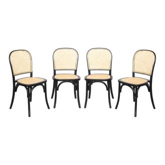 Sweeek Sillas de madera y rat&aacute;n vintage, set de 4, negro