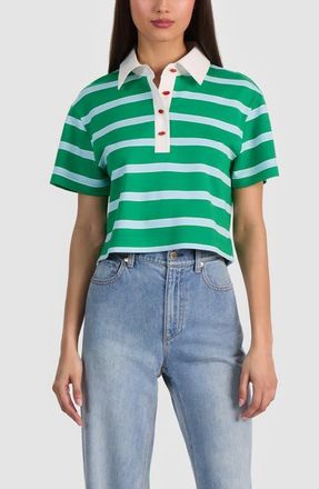Alice & Olivia Lyle Short Sleeve Rugby Stripe Polo in Green Apple/Cloud Sky at Nordstrom, Size X-Small