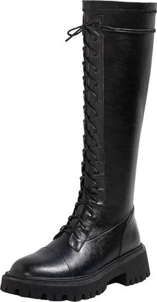 Generic Womens Genuine Leather Round Toe High Heel Riding Boots Vintage Gladiator Casual Platform Knee-High Boots