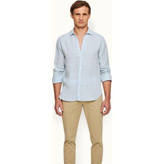 Orlebar Brown Giles Linen Tailored-Fit Shirt in Pale Blue/white at Nordstrom, Size Xxx-Large