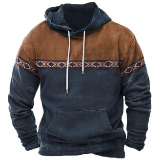 Generic Mens Hoodies Sweatshirt | Long Sleeve Ethnic Aztec Graphic Pullover | Drawstring Hooded Tops | Vintage Pattern Print Hoodie with Pocket Autumn Spring 