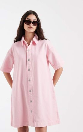 Pieces Vestito camicia corto in denim rosa chiaro