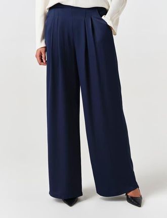 Ghost London Andie Pleated Wide Leg Satin Trouser in Navy at Nordstrom, Size 14