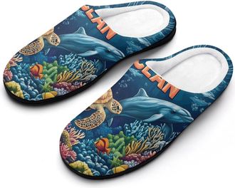 Generic Protect Our Ocean Mens Slippers Slip On Comfortable Fleece Cotton House Shoes Winter