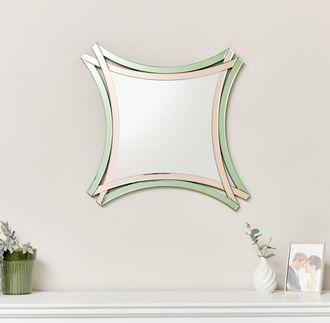 Melody Maison Art Deco Green & Pink Glass Cross Over Wall Mirror 80cm X 75cm