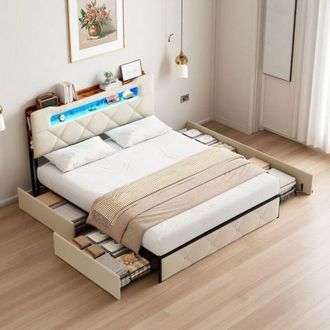 OEM Cama Doble Con Almacenamiento - Compacta 140x190 - 4 Cajones - Luz Rgb - Terciopelo Suave