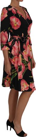 Dolce & Gabbana Black Pink Tulip Print Stretch Shift Womens Dress