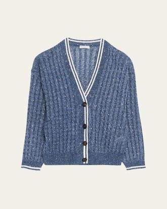 Brunello Cucinelli Linen Dazzling Cable Open-Knit V-Neck Cardigan