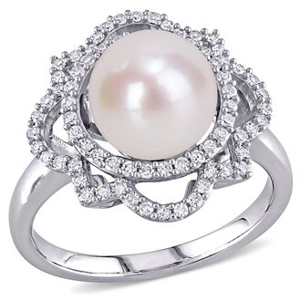 Mimi & Max 9mm Cultured Freshwater Pearl 3/8ct TW Diamond Vintage Ring 14k White Gold