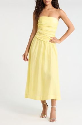 Ever New Rumi Ruched Strapless Midi Dress in Yellow at Nordstrom, Size 12