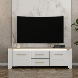 Dmora Mueble Para Tv Aramo, 2 Cajones, Un Estante, 2 Puertas, 154x40x50h Cm Blanco Mate