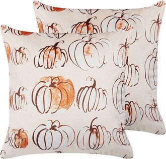 Beliani Conjunto De 2 Cojines De Terciopelo Beige Blanco Naranja 45 X 45 Cm Cucurbita
