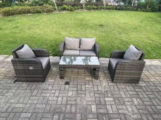 Fimous Dark Grey PE Wicker Rattan Garden Furniture Set Love Sofa Reclining Chair Outdoor Coffee Table 4 Seater