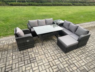 Fimous 8 Seater Rattan Garden Furniture Set Oblong Rectangular Dining Table & Chairs Set with 3 Seater Sofa Big Footstool Side Tables in Dark Grey