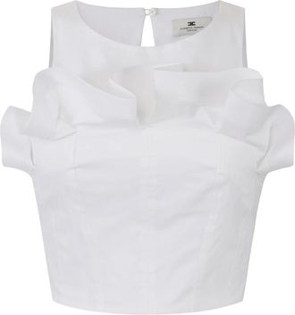 Elisabetta Franchi Stretch Katoenen Top met Volant - Dames - Blouses - Wit - M - Katoen - Overhemden