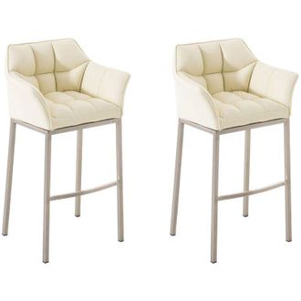 Clp Juego De 2 Taburetes De Bar Damaso Con Tapizado De Cuero Sint&eacute;tico Y Base De Cuatro Patas Crema Acero Inoxidable