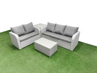Fimous 5 Seater PE Rattan Wicker Garden Furniture Patio Conservatory Sofa Set with Rectangular Coffee Table 3 Seater Sofa Love Sofa Side Table