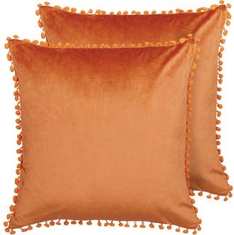 Beliani Conjunto De 2 Cojines De Terciopelo Naranja 45 X 45 Cm Pompones Aerangis