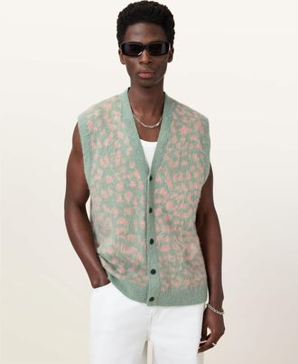 AllSaints Mohair/Polyamide Serge Leopard Jacquard Vest, Size: L