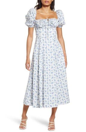 House of CB Tallulah Puff Sleeve Midi Dress in Blue White Floral at Nordstrom, Size X-Large