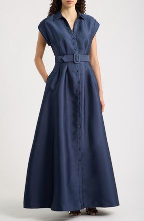Julia Jordan Short Sleeve Belted A-Line Satin Shirtdress in Navy at Nordstrom, Size 12