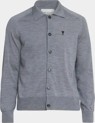 Ami Men & apos;s Embroidered-Logo Wool Knit Cardigan