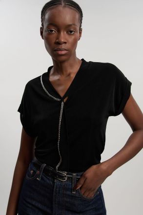 Karen Millen Womens Jersey Crepe V Neck Trim Detail T - Shirt - Black - Size X-Small