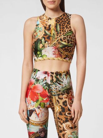 Philipp Plein Top cropped in jersey con stampa grafica e scollo allamericana