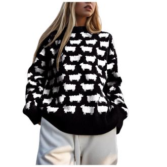 Generic Womens Fall Sheep Print Long Sleeve Crewneck,Knitted Sweaters for Long Sleeve Loose Sweaters Sheep Sweater (Black,L)