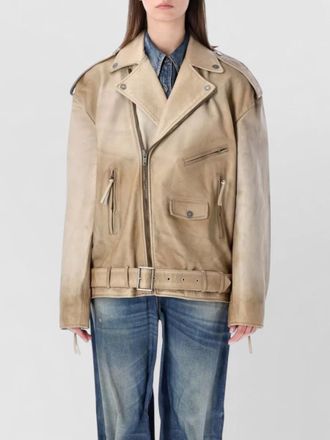 Golden Goose leather biker jacket belt and epaulettes