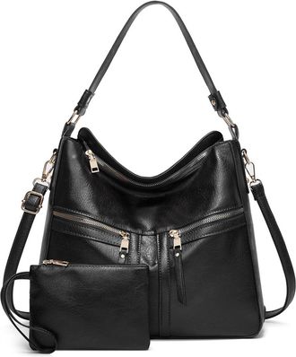 Generic Womens 2-Piece Set PU Tote Bag, Solid Color Shoulder Bag, Large Capacity, Applies to Office Commute, Urban Shopping and Daily Outings (Black two-piece