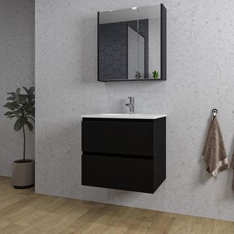 Saniclass Chaci Badkamermeubelset - 60x46x55cm - keramische wastafel wit - 1 ovale wasbak - 1 kraangat - 2 lades - spiegelkast - mat zwart