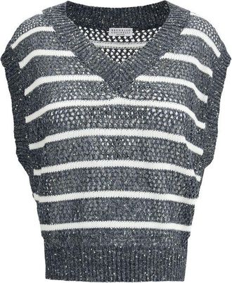 Brunello Cucinelli Brunello Cucinelli Womens Striped Knit Sleeveless Vest - Grey Linen - Size X-Large
