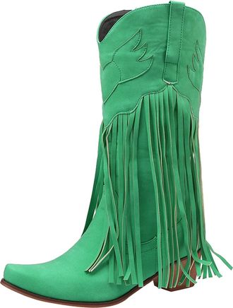 Generic Horse Boots Women: Ladies Fringe Cowboy Boots Womens Pointed Toe Western Ankle Boots Solid Colour Mid Calf Cowboy Boots For Women Slip On Wide Fit Thi