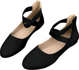 Generic Womens Ballet Shoes with Elastic Ankle Straps Casual Stylish Pumps Solid Color Comfortable Breathable Classic Flat Shoes Work Party Black