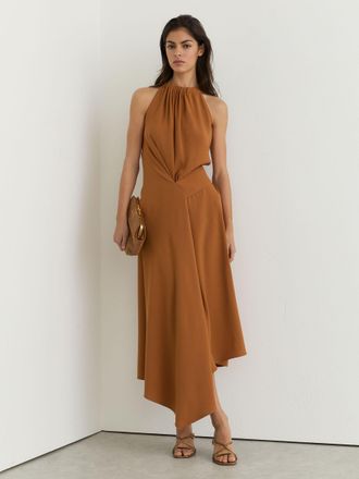 Reiss Rust Orange Drape-detail Sleeveless Midi Dress, 18