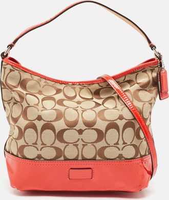 Coach Orange/beige Signature Canvas And Patent Leather Hobo