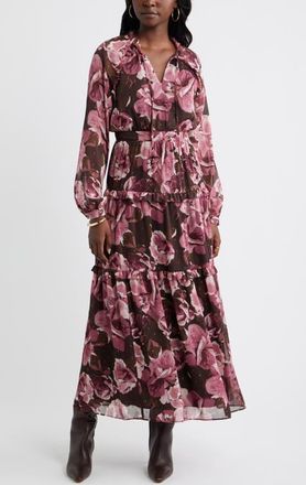 Chelsea28 Floral Metallic Clip Dot Ruffle Tiered Midi Dress in Brown Pink Wendi Floral at Nordstrom, Size Xx-Small