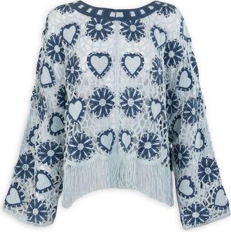 Saachi Heart Fringe Trim Crochet Poncho in Blue at Nordstrom Rack