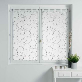 Douceur d'Int&eacute;rieur Douceur Dint&eacute;rieur - Coppia di tende dritte con passanti, 2 x 60 x 90 cm, velate, sabbiate, ricamate con piccoli fiori, colore: bianco/grigio