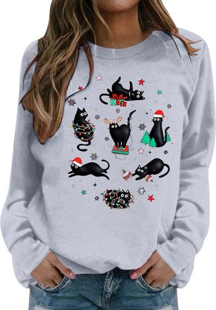 Generic Christmas Jumpers for Women Black Cat Christmas Crewneck Holiday Pullover Long Sleeve Oversized Xmas Sweatshirt