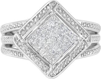 House of Brilliance Silver 2/5 Cttw Princess Cut Diamond Cluster Composite Cocktail Ring at Nordstrom, Size 7.5