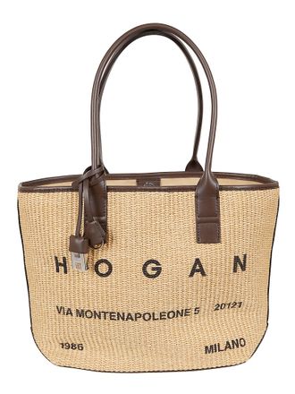 Hogan Medium Raffia Shopping Bag with Leather Trim