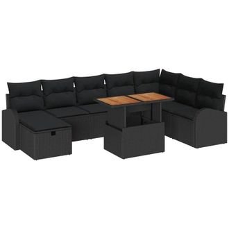 vidaXL Conjunto De Sof&aacute; De Jard&iacute;n Con Coj&iacute;n 9 Pcs Negro Polirat&aacute;n