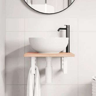 Berkfield Home Elegant Basin Shelf Wall Mounted Steel & Solid Wood Oak in Brown